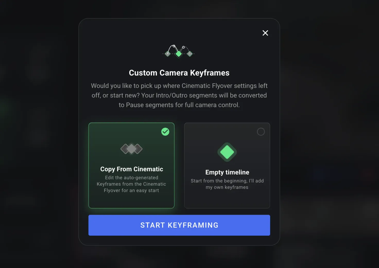 The Custom Camera Keyframes start dialog, offering Copy From Cinematic or an Empty timeline, with a Start Keyframing button