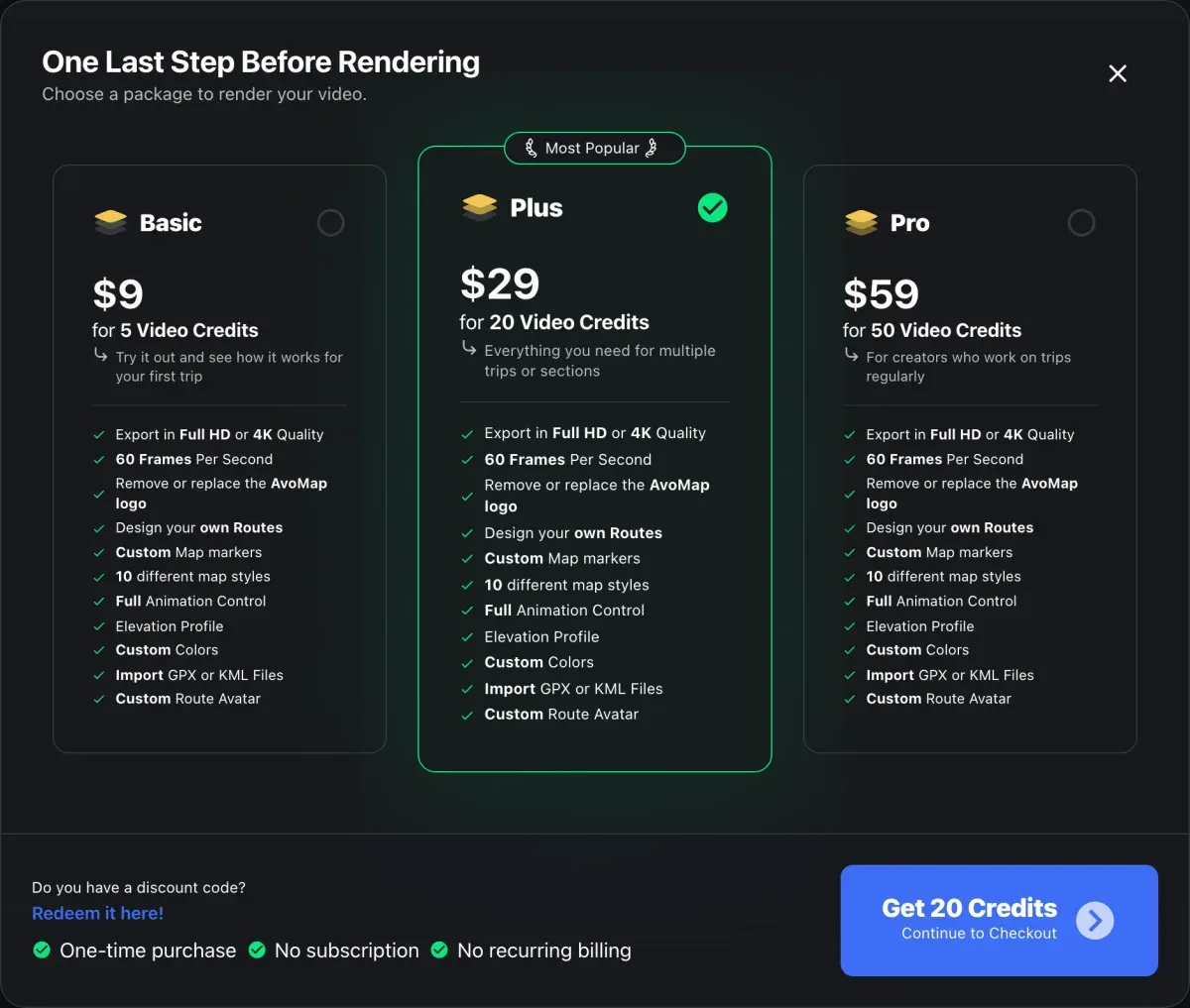 The credit packs — Basic at 5 credits, Plus at 20 and marked most popular, Pro at 50 — with a discount code field and the note that this is a one-time purchase with no subscription