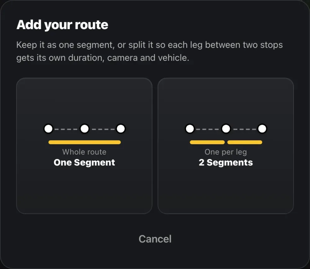 The Add your route dialog offering one segment for the whole route, or one segment per leg
