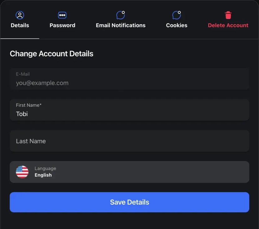 The Account dialog on the Details tab, with tabs for Details, Password, Email Notifications, Cookies and Delete Account, and fields for email, name and language