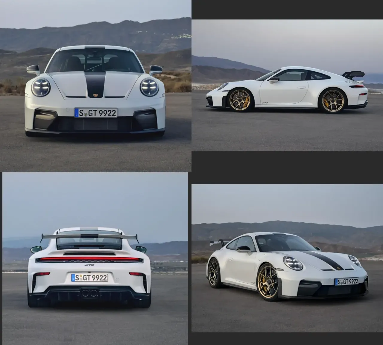 The four reference photos of a car — front, left side, back, and right side
