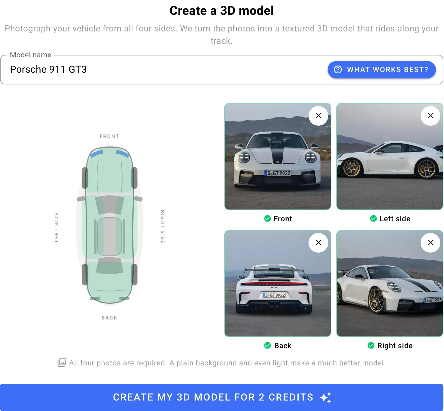 The Create a 3D model form with a named model and all four side photos added, beside the car diagram