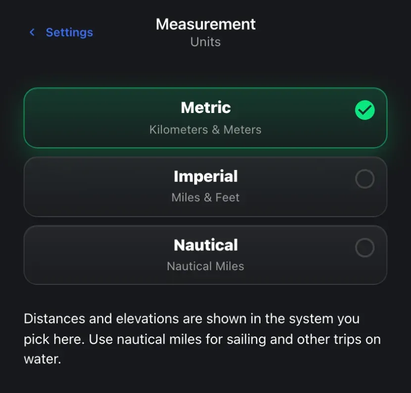 The Map Units screen with three choices: Metric (kilometers and meters), Imperial (miles and feet) and Nautical (nautical miles)