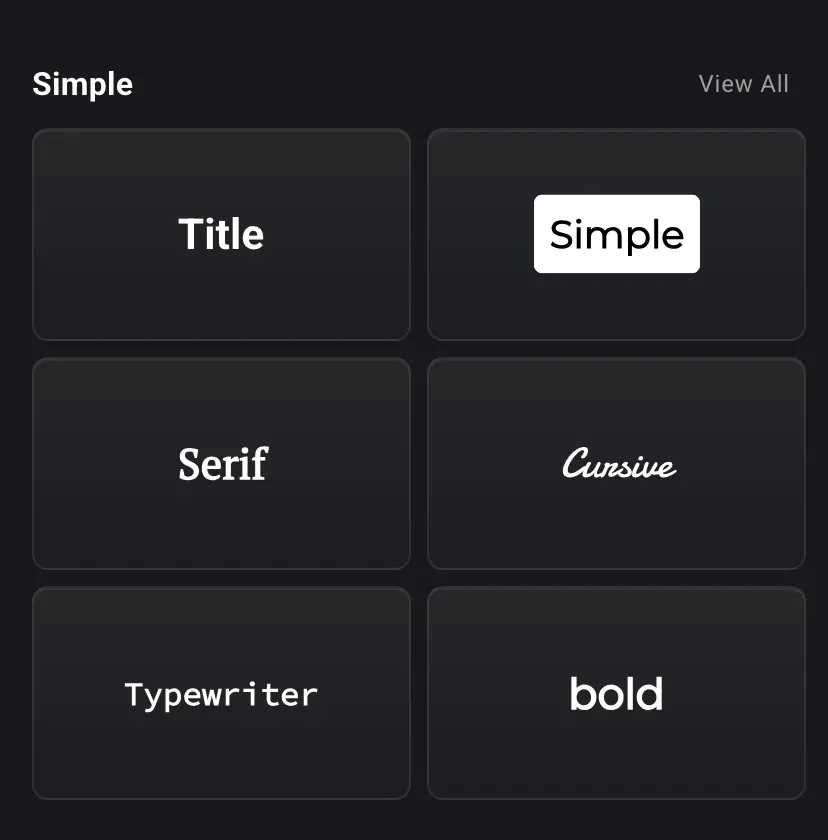 Quick text presets — Title, Simple, Serif, Cursive, Typewriter, and Bold