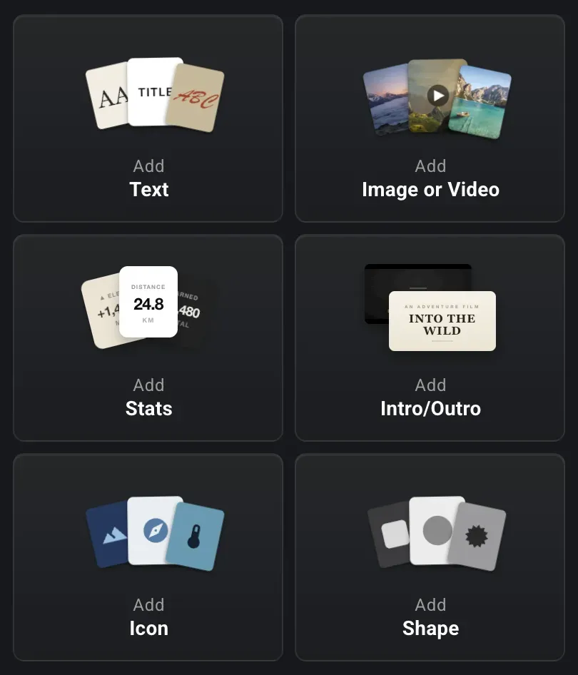 The quick-add menu for overlays — Text, Image or Video, Stats, Intro/Outro, Icon, and Shape