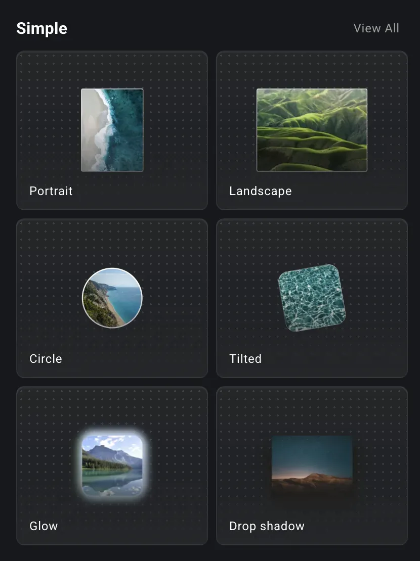 Photo overlay presets — Portrait, Landscape, Circle, Tilted, Glow, and Drop shadow styles