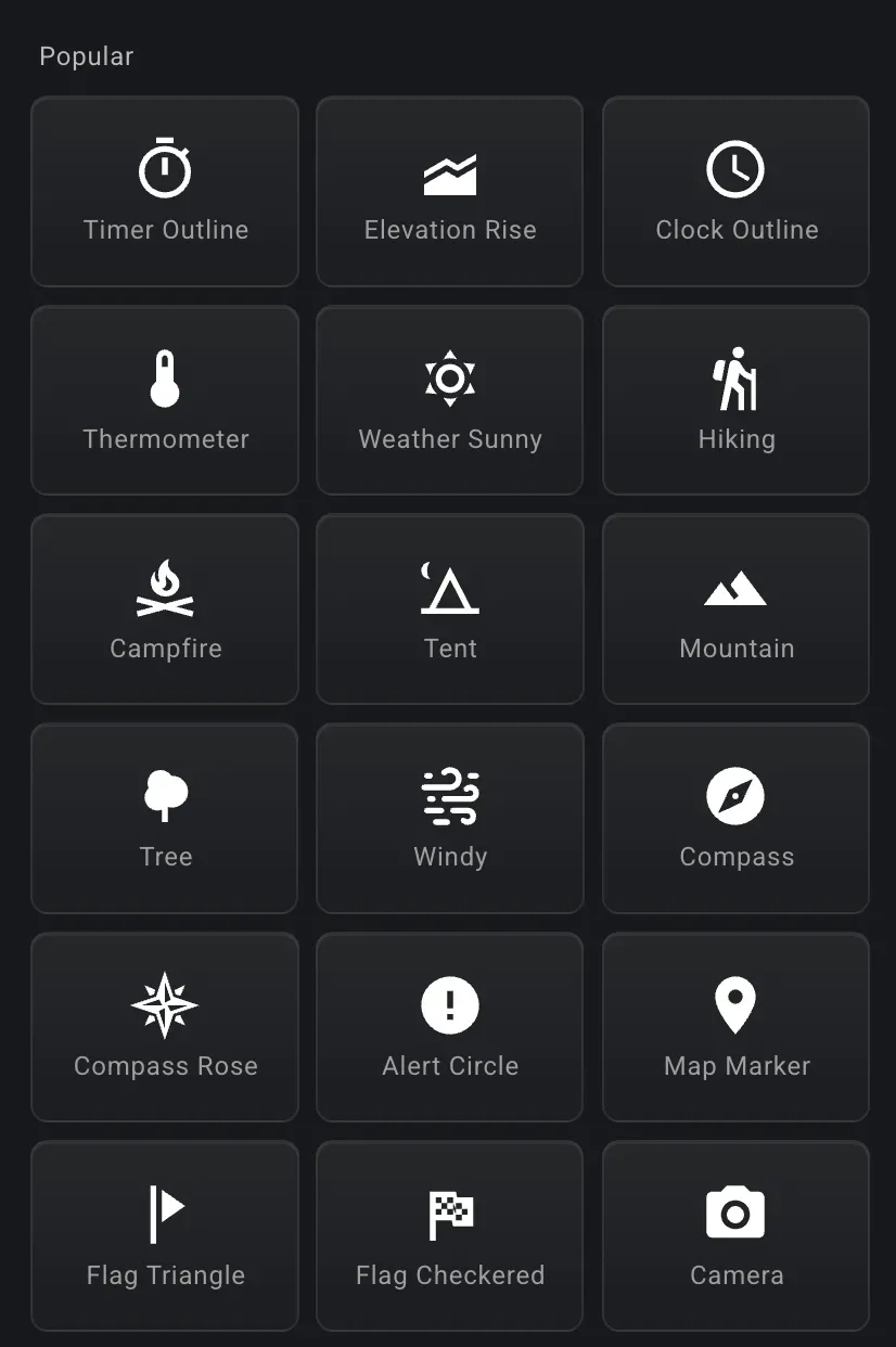 A selection of built-in symbol icons — timer, elevation, clock, thermometer, weather, hiking, campfire, tent, mountain, compass, flags, camera, and more