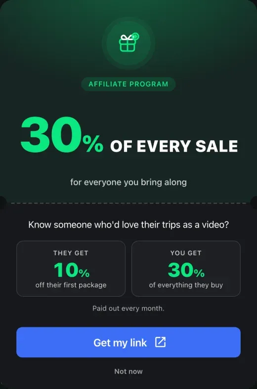 The affiliate voucher — thirty percent of every sale, with panels showing what the friend gets off their first package and what you earn, and a Get my link button