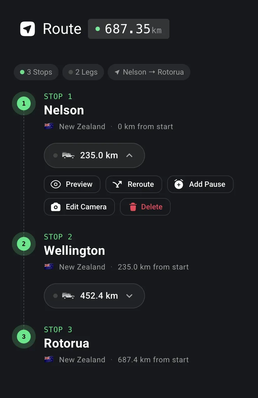 A stop selected in the route list, showing options to preview, reroute, add a pause, edit the camera, or delete it