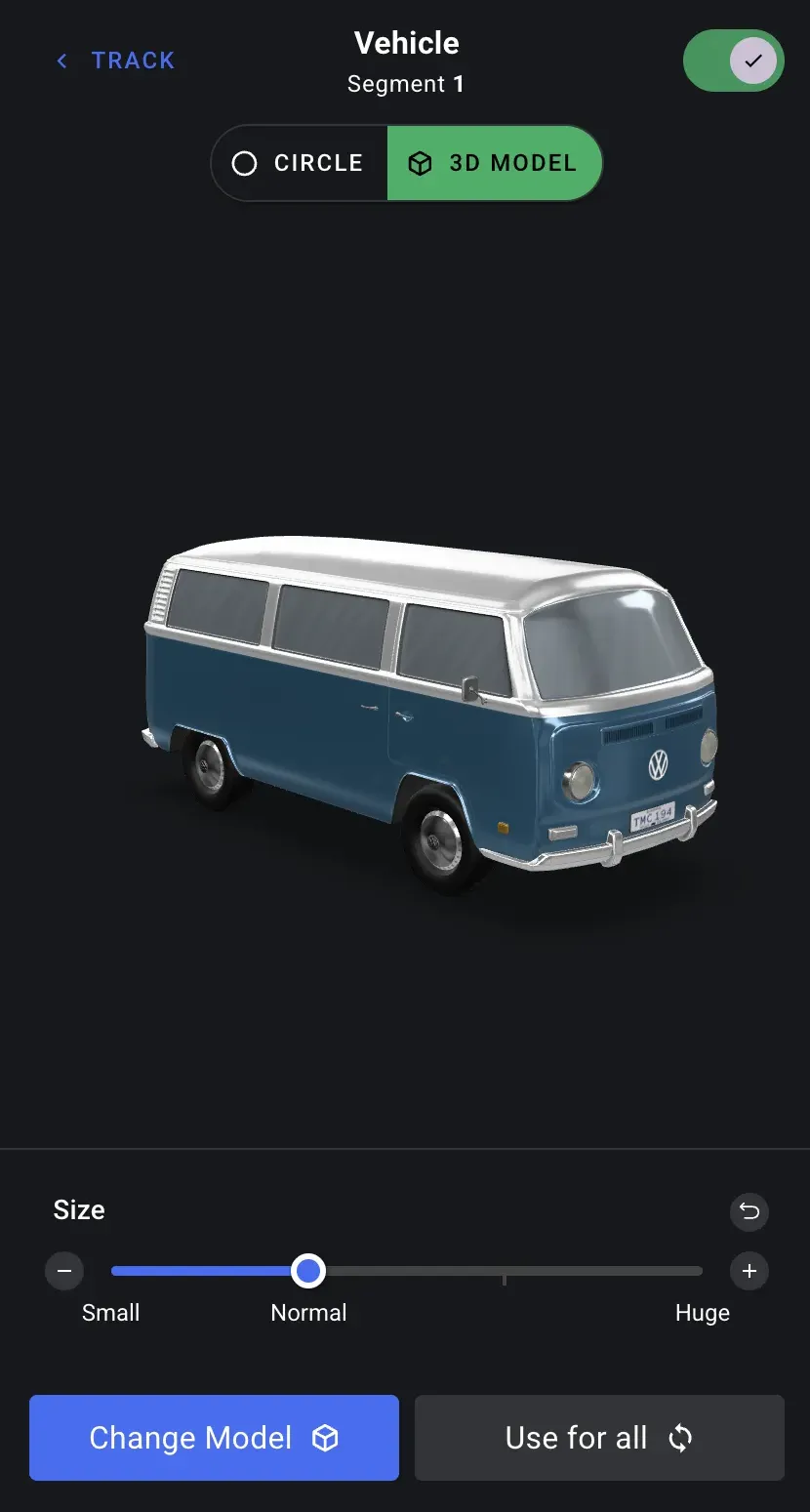 The vehicle panel with 3D Model selected, previewing the chosen model with a size slider and a button to change it