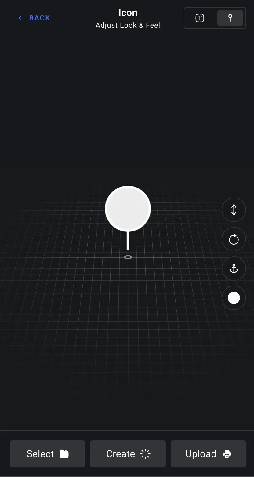 The symbol icon editor — a marker previewed on a grid with controls for size, rotation, anchor, and colour, plus Select, Create, and Upload buttons