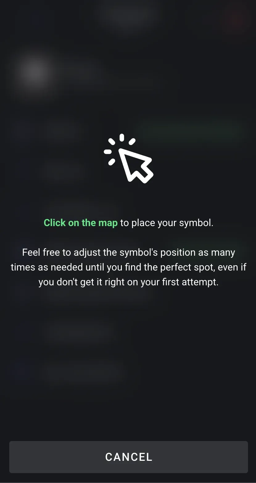The place-a-symbol prompt — click on the map to drop the marker, and adjust its position as many times as needed