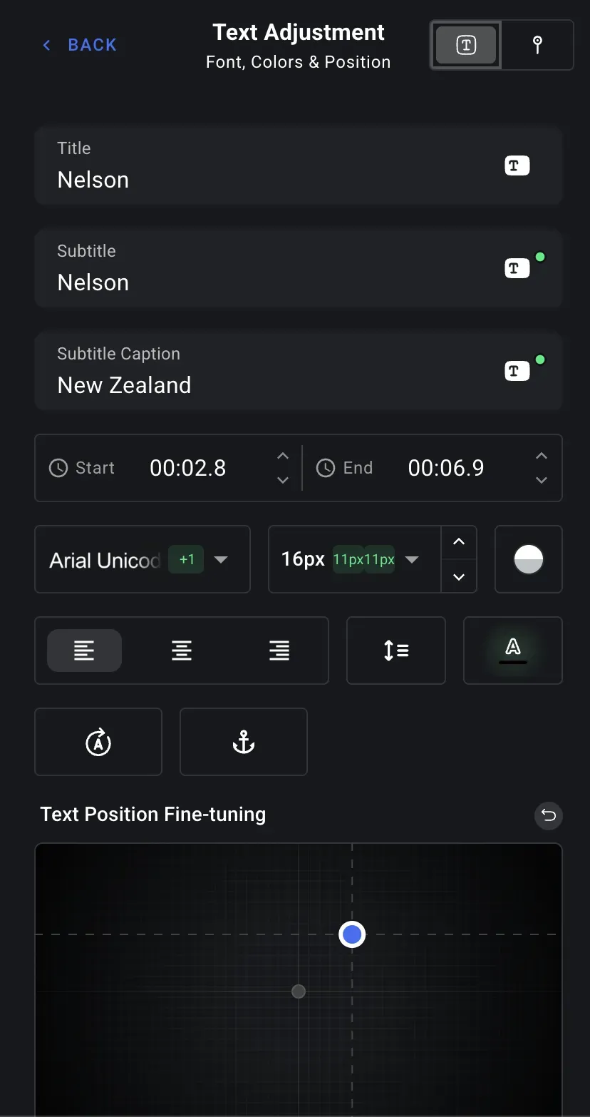 The symbol Text Adjustment panel — title, subtitle, and subtitle caption fields, timing, font, size, colour, alignment, rotation, anchor, and a fine-tuning pad for text position