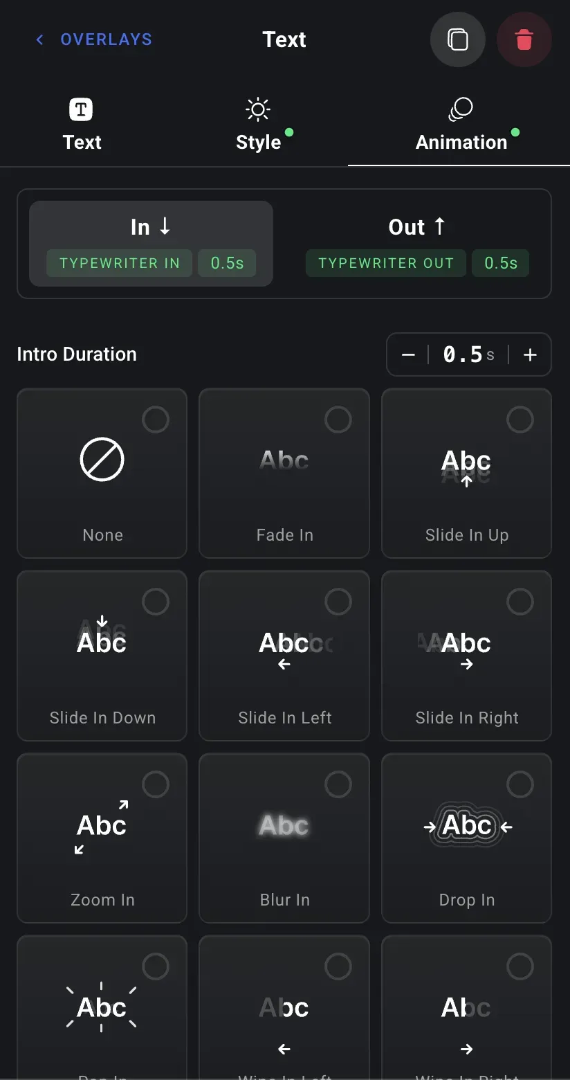 The Animation tab — choose separate in and out effects like fade, slide, zoom, blur, drop, and typewriter, each with an adjustable duration