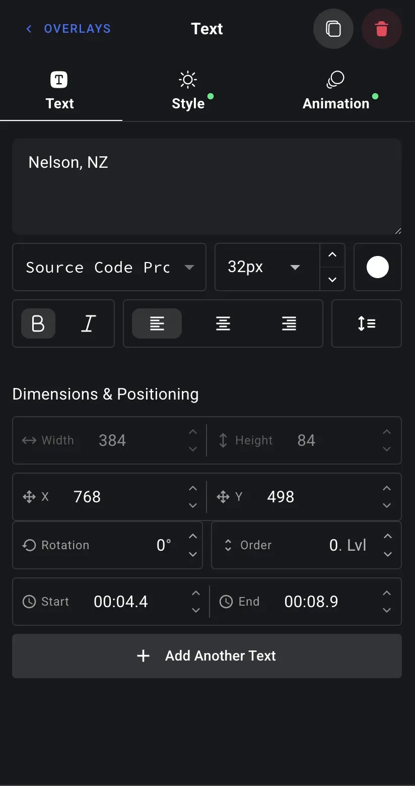 The text overlay editor — type your words, choose a font and size, and set exact dimensions, position, order, and timing