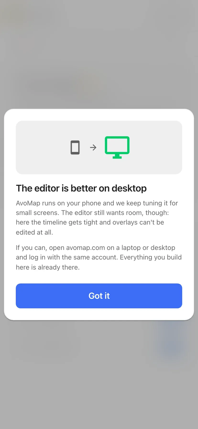 The message shown on a phone, explaining that the editor is better on desktop and that overlays cannot be edited on small screens