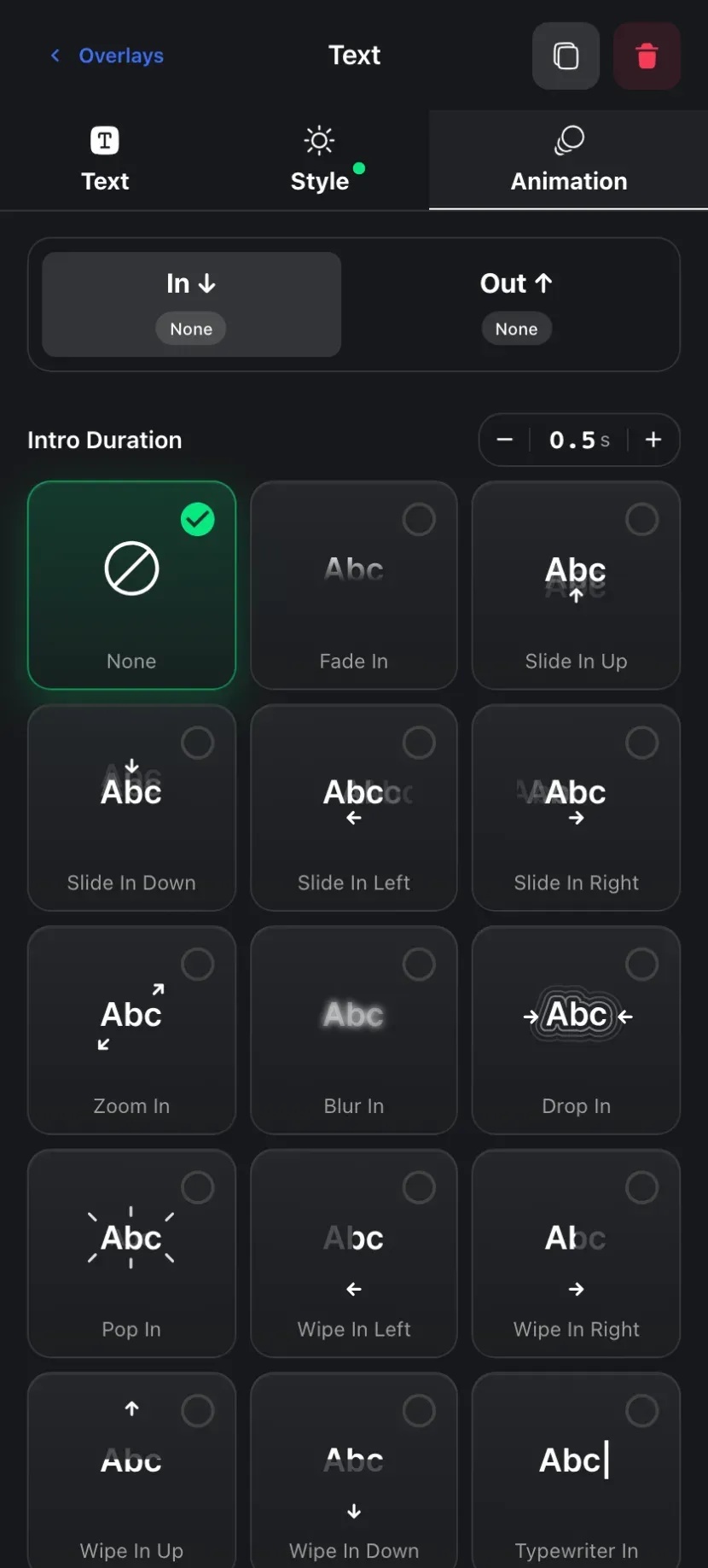 The Animation tab — choose separate in and out effects like fade, slide, zoom, blur, drop, and typewriter, each with an adjustable duration