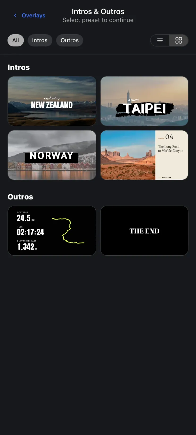 Intro and outro presets — cinematic title cards over photos, a stats summary with a route trace, and a The End card