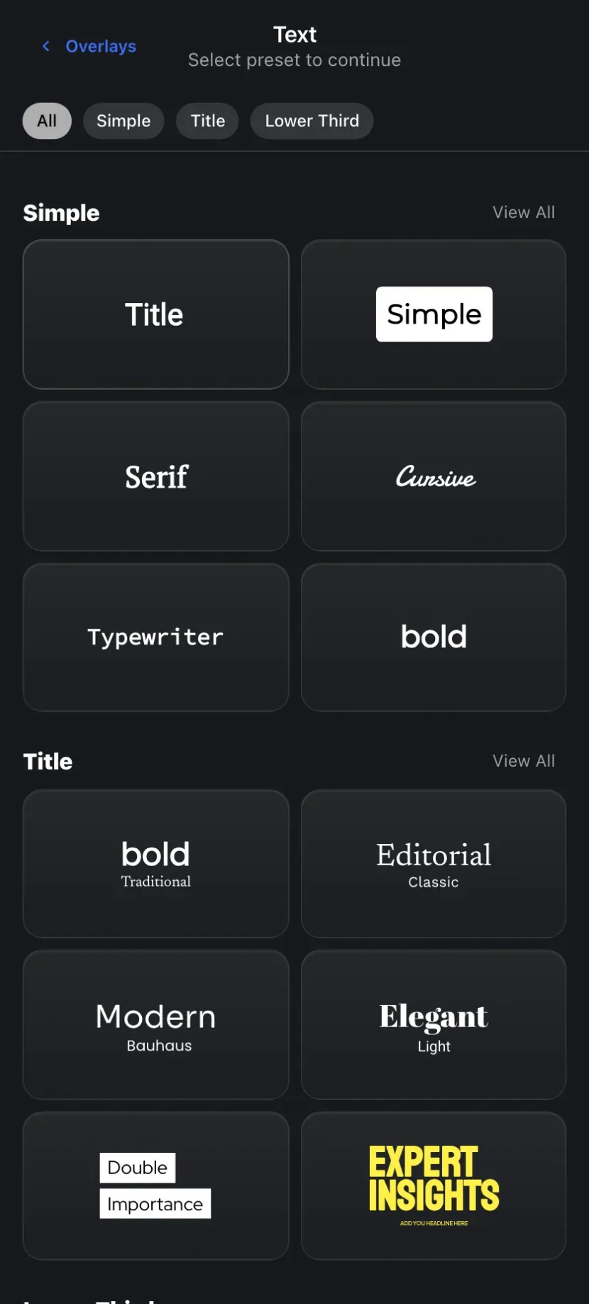 Quick text presets — Title, Simple, Serif, Cursive, Typewriter, and Bold