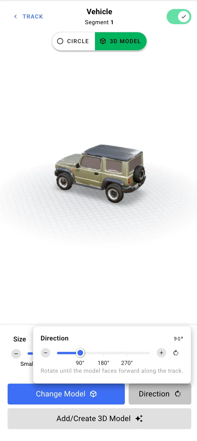The vehicle panel with a custom 3D model selected and the Direction popover open, showing the rotation slider