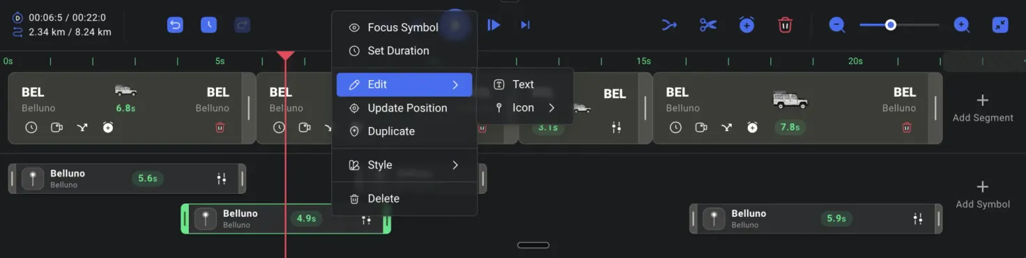Right-clicking a symbol on the timeline opens options to focus it, set its duration, edit, duplicate, restyle, or delete it
