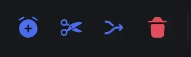 The Cut (scissors) and Merge (arrows) buttons in the timeline toolbar, sitting between Add pause and Delete