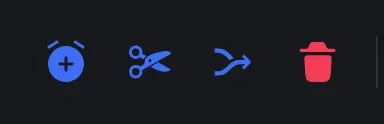 The Cut (scissors) and Merge (arrows) buttons in the timeline toolbar, sitting between Add pause and Delete