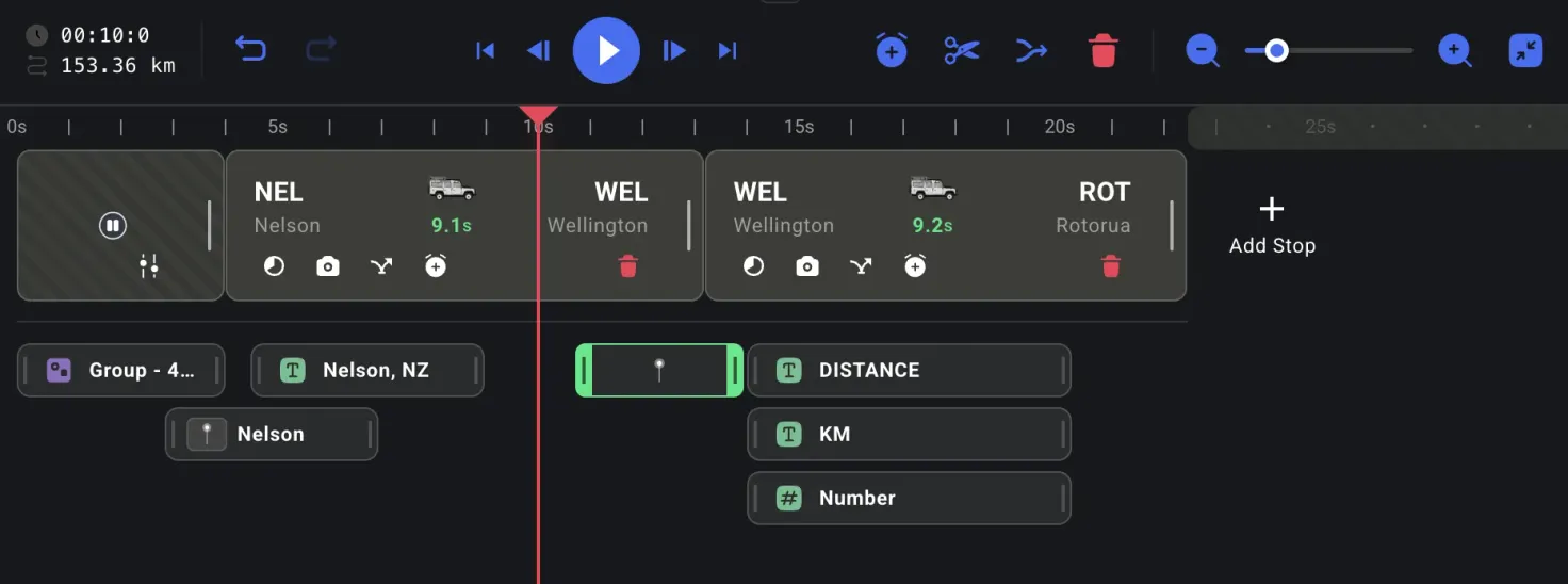 A closer look at the timeline — your route segments sit along the top, with tracks for text, symbols, and animated numbers below