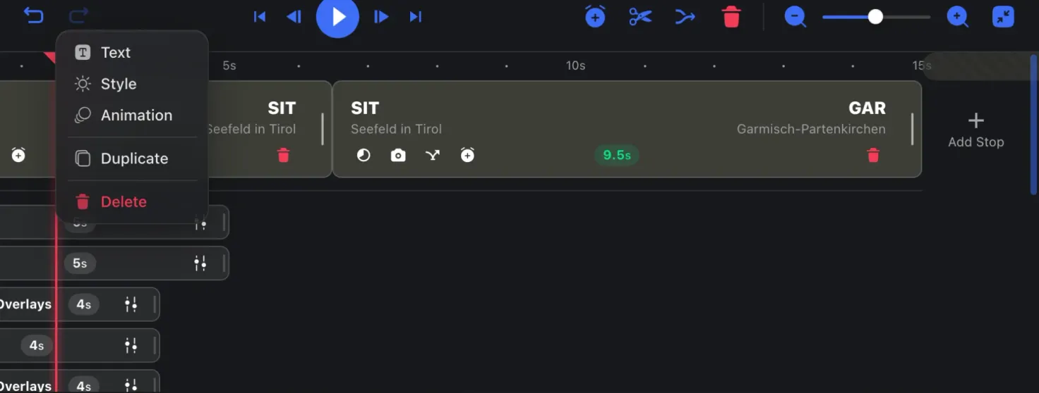The context menu on a timeline block, with Text, Style, Animation, Duplicate and Delete
