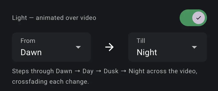 The Lighting panel with 'animate over video' switched on, showing From and Till preset pickers so the map's light shifts across the video
