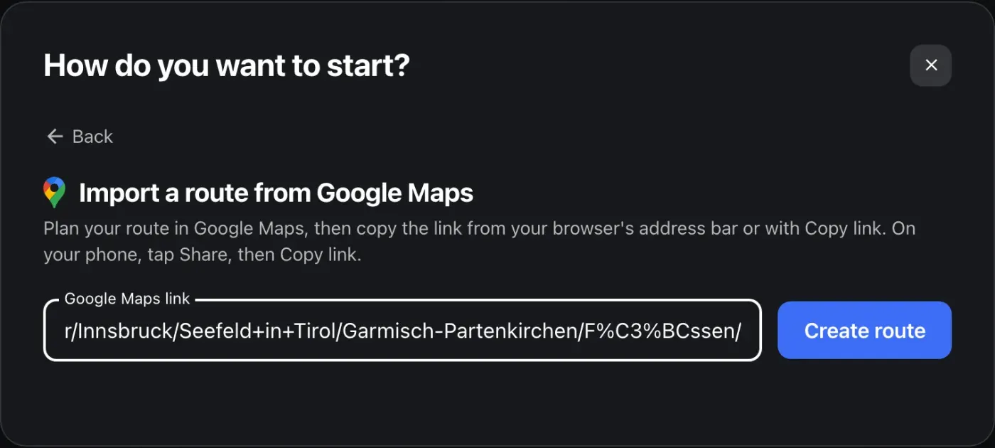 The Import a route from Google Maps screen, with a Google Maps directions link pasted into the field next to the Create route button