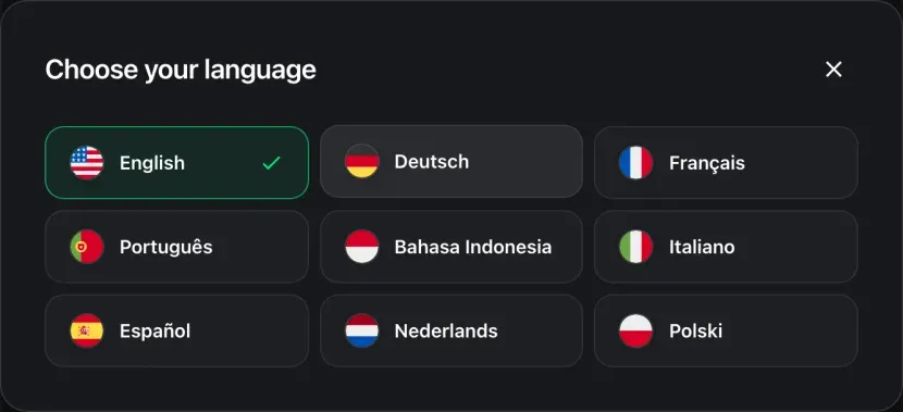 The language chooser with English, Deutsch, Français, Português, Bahasa Indonesia, Italiano, Español, Nederlands and Polski, English selected