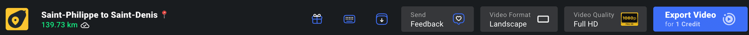 The editor top bar with the map title and distance on the left, and video format, video quality and the Export Video button on the right