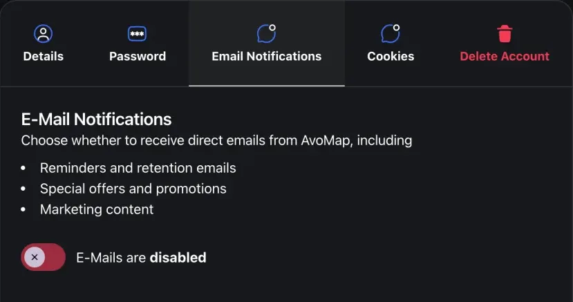 The Email Notifications tab, listing reminders, offers and marketing content, with a single switch currently turned off