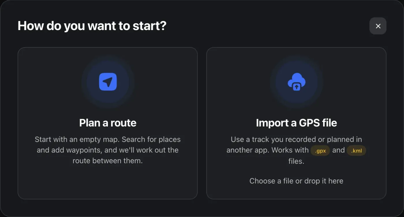 The How do you want to start dialog, offering Plan a route on an empty map or Import a GPS file