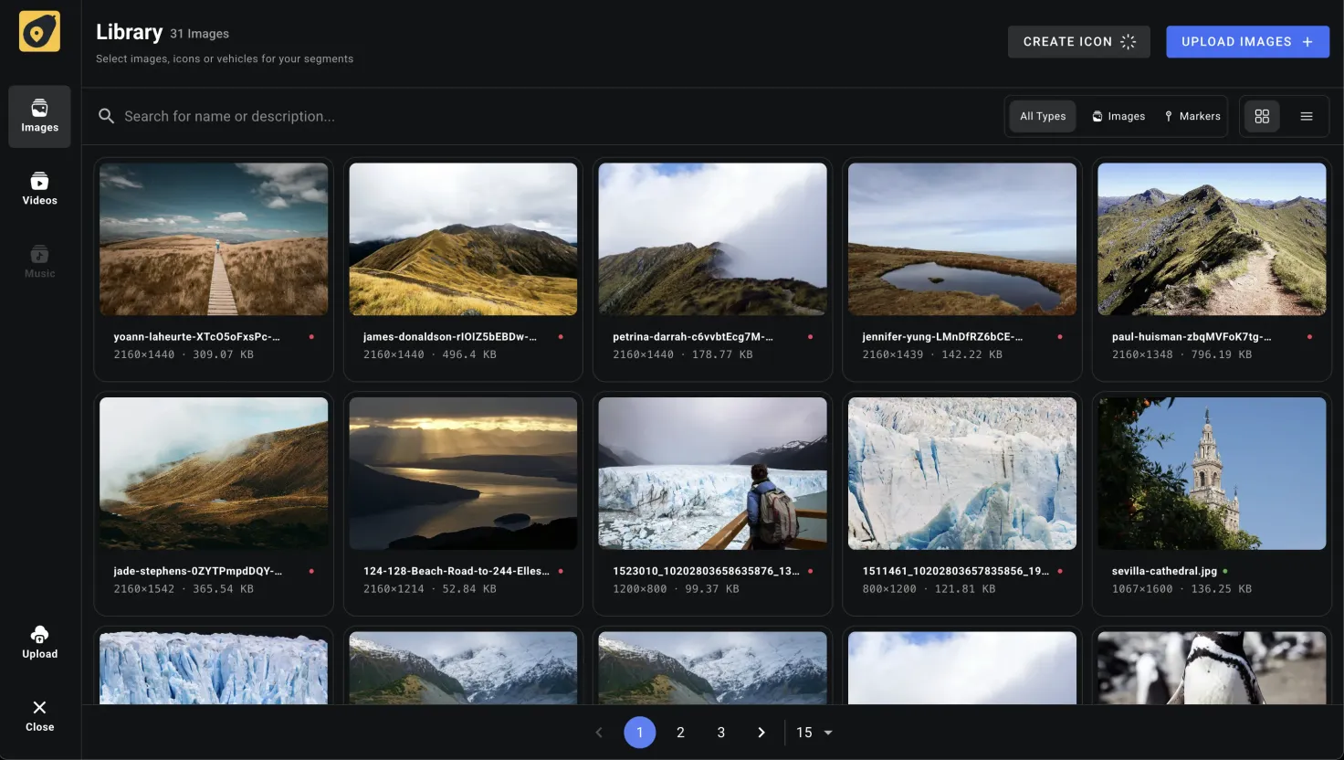 The Library in grid view, showing uploaded photos as thumbnails with their dimensions and file sizes