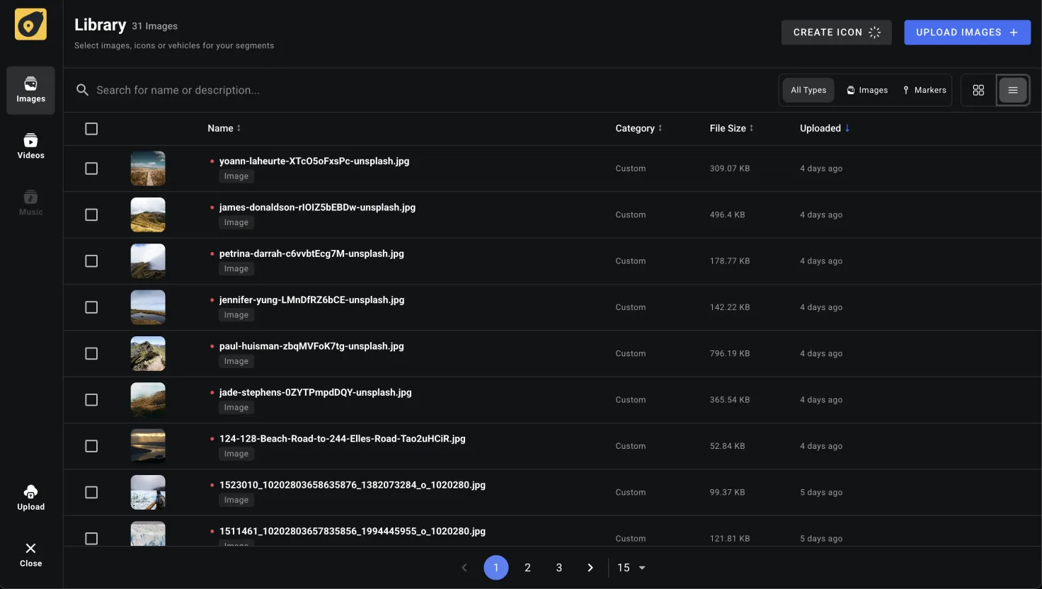 The Library in list view, with sortable columns for name, category, file size, and upload date
