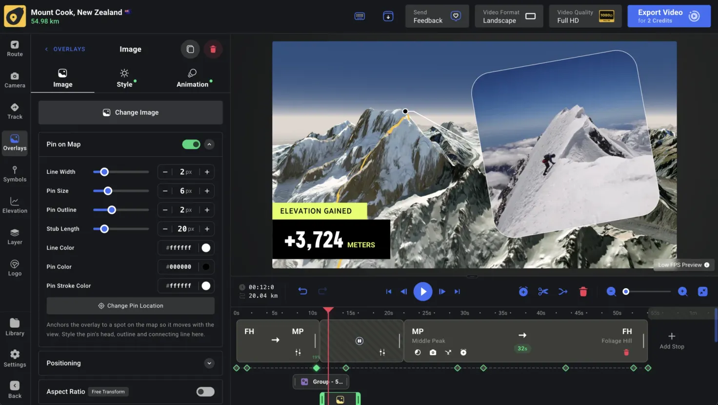 The Overlays editor — a photo overlay pinned to the mountain and an 'Elevation Gained +3,724 meters' number overlay on the map preview, with overlay tracks laid out on the timeline below