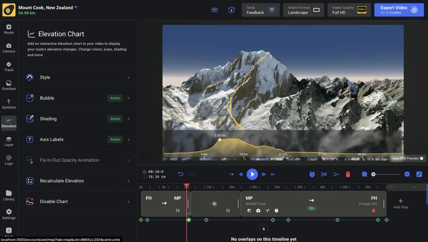 The Elevation Chart panel in the editor, with Style, Bubble, Shading, and Axis Labels options, and a live profile filling in beneath a snowy mountain as the route climbs to 3,557 m