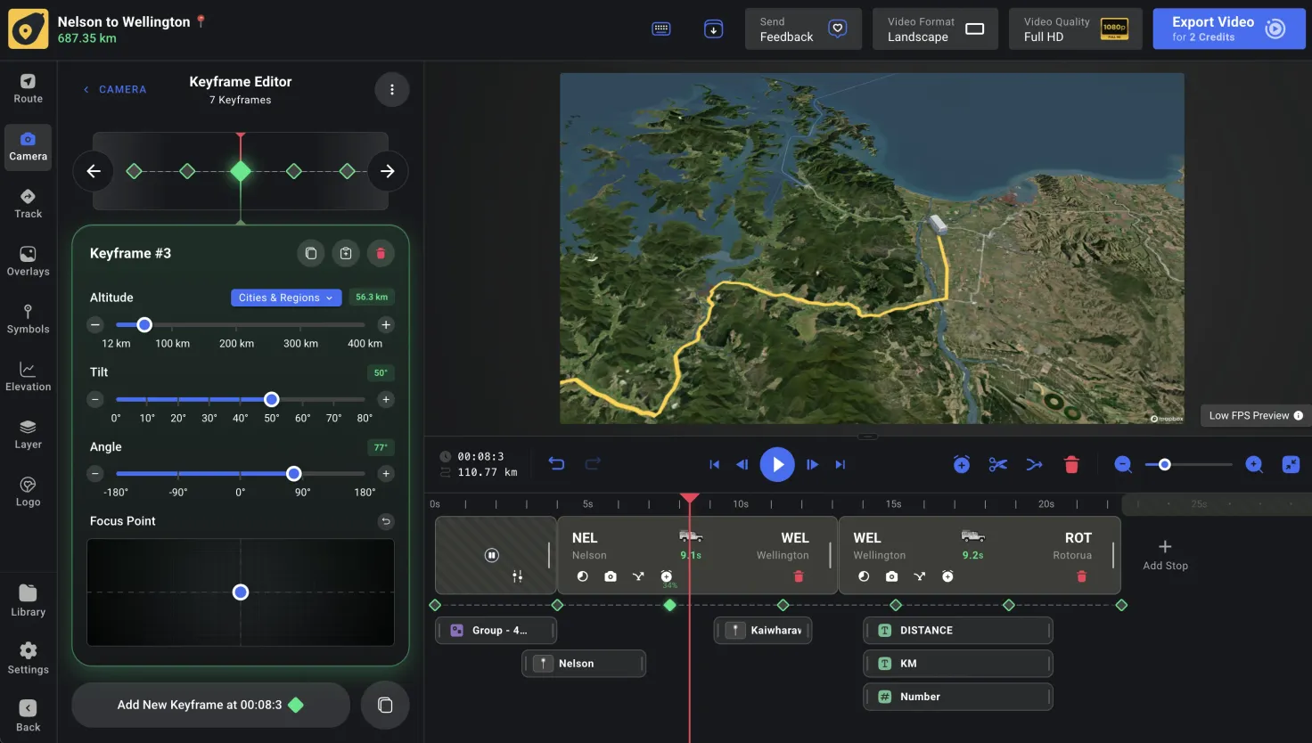 The Keyframe Editor — a navigator strip of diamonds at the top, the selected Keyframe #3 with Altitude, Tilt, Angle, and Focus Point controls, and the matching keyframe track along the timeline below the segments
