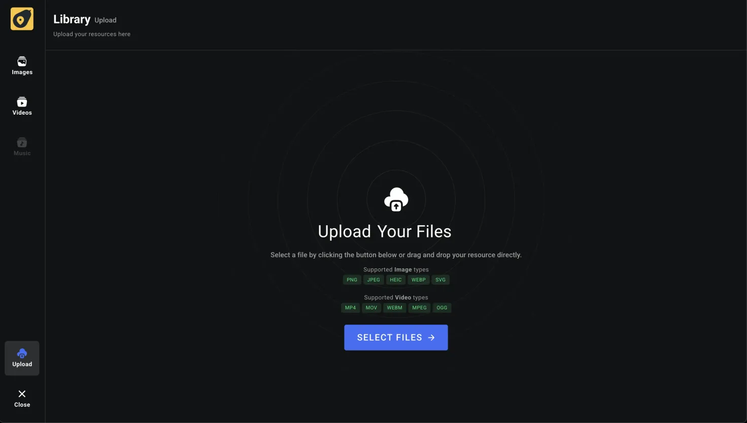 The Library upload screen — drag and drop or select files, with the supported image and video formats listed