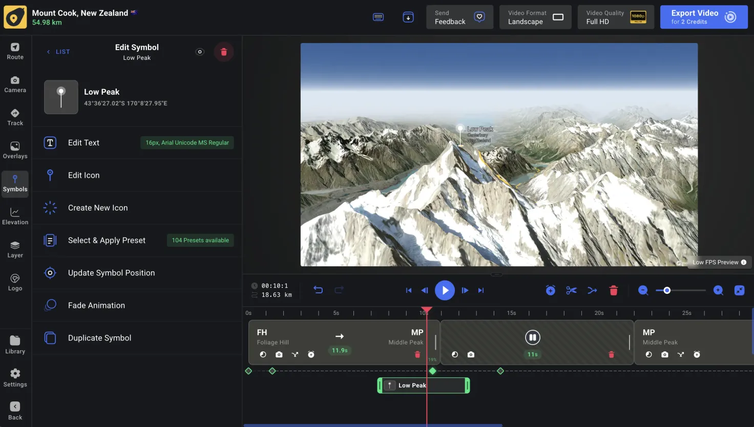 The Symbols editor — a Low Peak marker placed on a mountain in the preview, with panel options to edit its text and icon, apply a preset, update its position, set a fade animation, or duplicate it