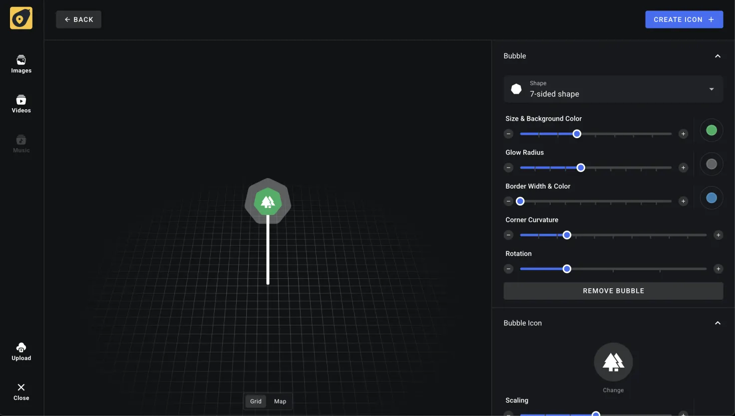 The icon creator — a bubble with a tree icon on a pin, previewed on a grid, with controls for shape, size and background colour, glow, border width and colour, corner curvature, and rotation