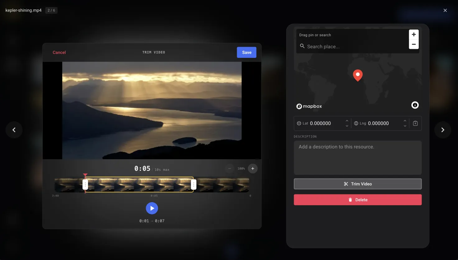 The Trim Video dialog — a filmstrip with drag handles to set the start and end of a clip, showing the selected range and a maximum length