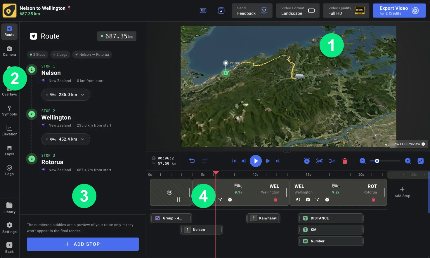 The main parts of the AvoMap editor, numbered: 1 the map preview, 2 the navigation tabs, 3 the settings panel, and 4 the timeline