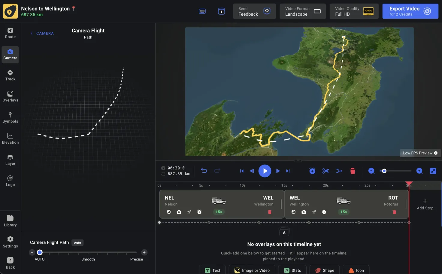 The Camera Flight Path control, sliding from Auto through Smooth to Precise, with a dotted line in the preview tracing the camera's planned path over the route