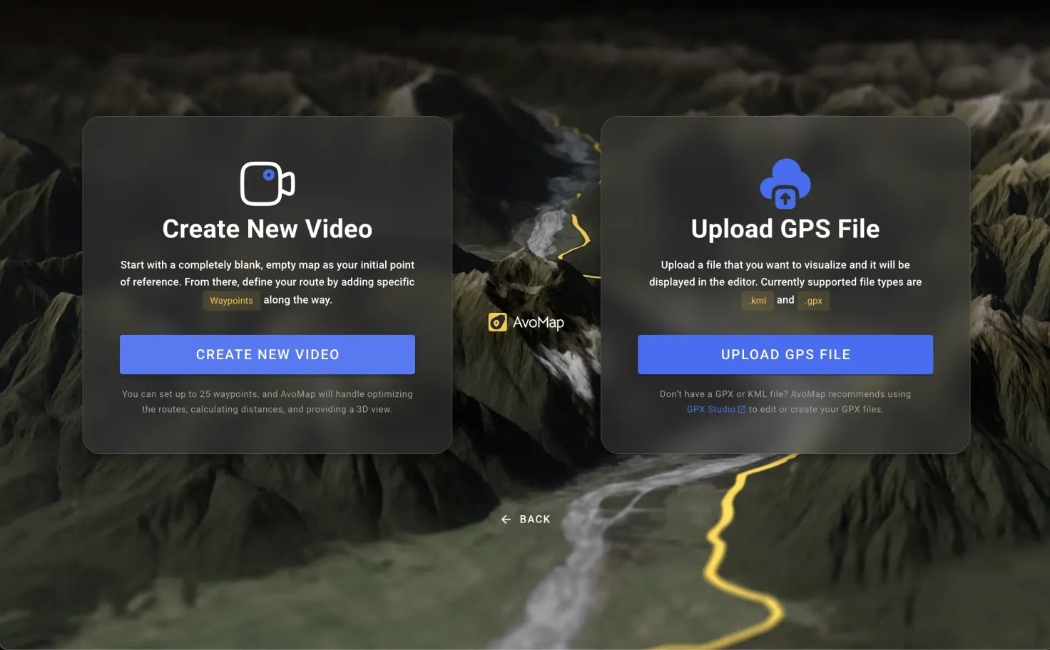 Starting a new project — begin from a blank map, or upload a GPX or KML file to visualize a recorded route