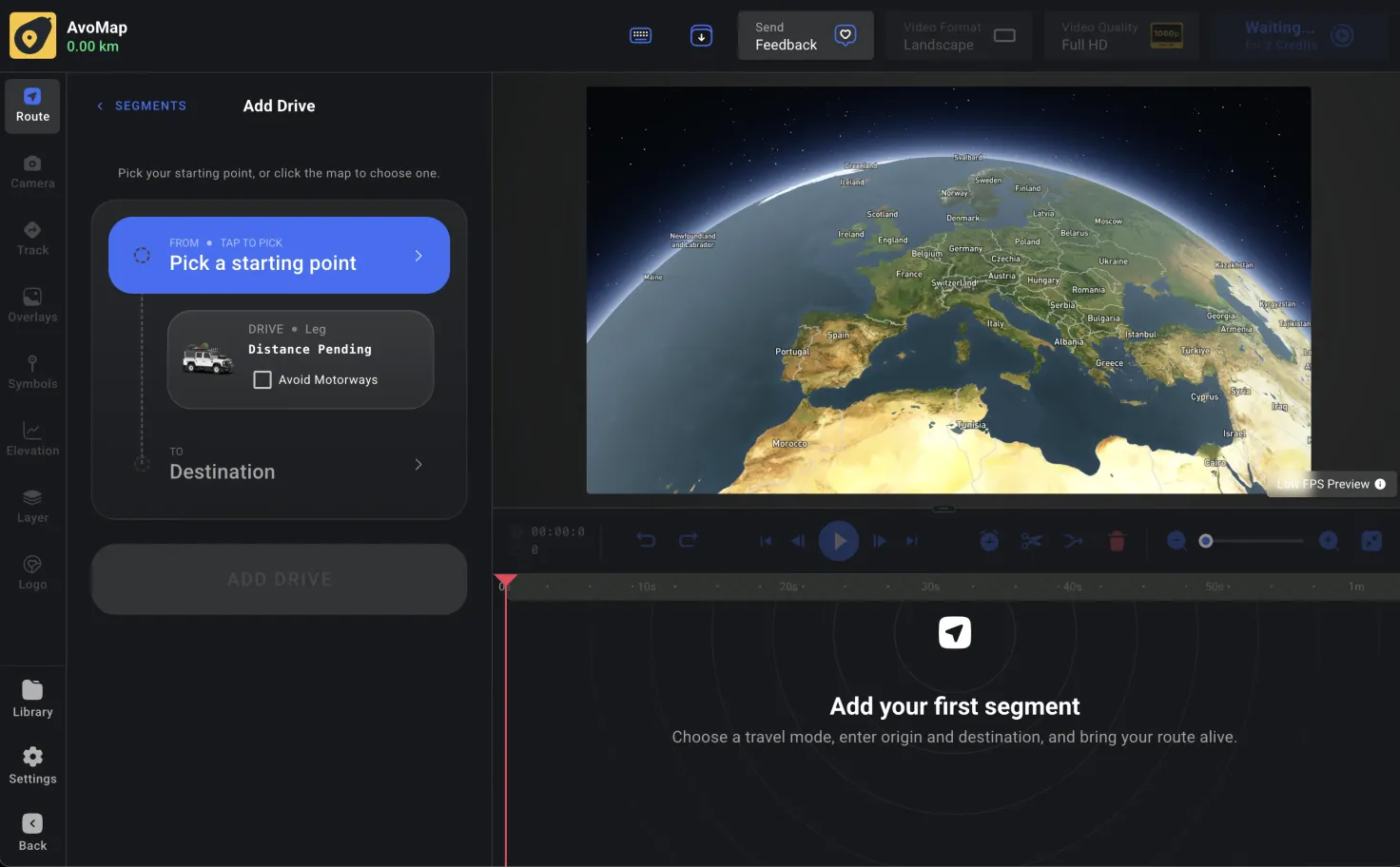 Adding a drive segment — pick a starting point and a destination by searching or by clicking the map