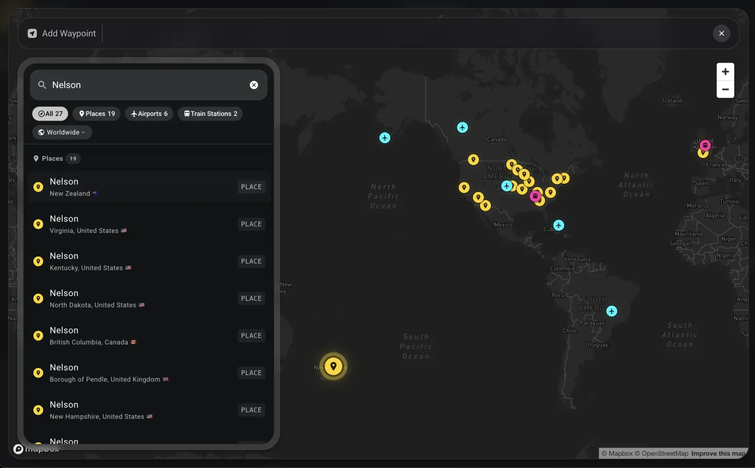 Search results for a place name, grouped into places, airports, and train stations and marked on the world map