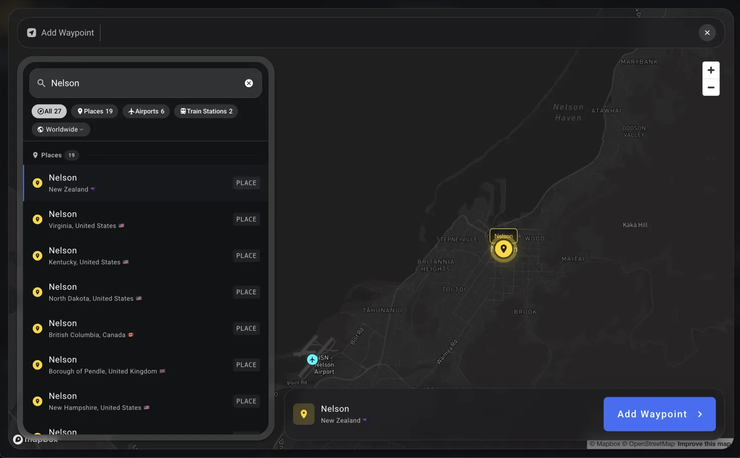Selecting a search result zooms the map to that spot, with an Add Waypoint button to confirm